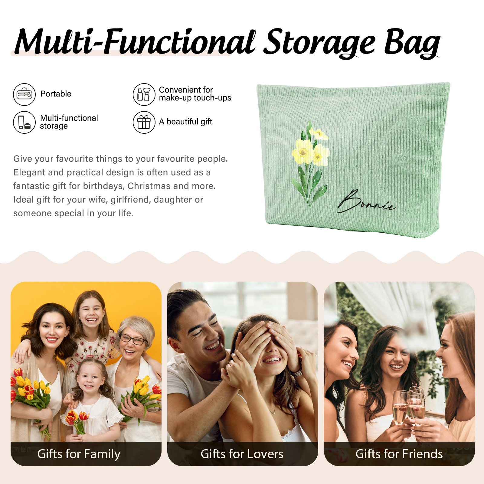 Borsa portabile per cosmetici in velluto a coste per donna 1 nome e 1 fiore di nascita personalizzato multicolori da scegliere