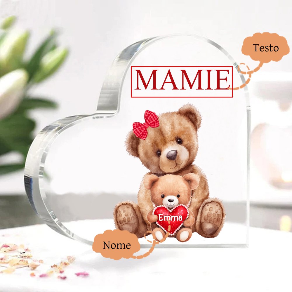 MAMMA Decorazione acrilica con 1 orsacchiotto a forma di cuore 1 nome e 1 testo personalizzati per mamma/nonna