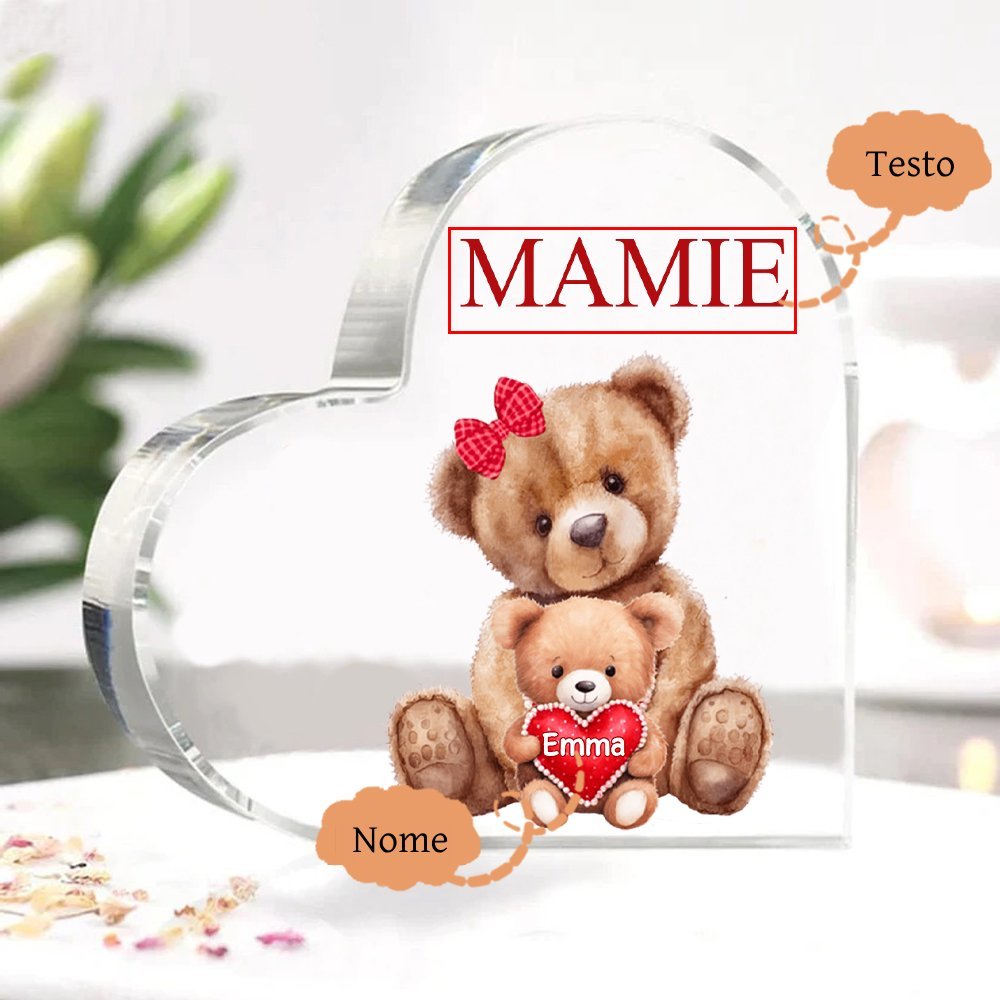 MAMMA Decorazione acrilica con 1 orsacchiotto a forma di cuore 1 nome e 1 testo personalizzati per mamma/nonna
