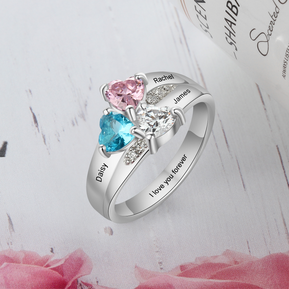 Anello 3 nomi con 3 pietre di nascita in argento 925