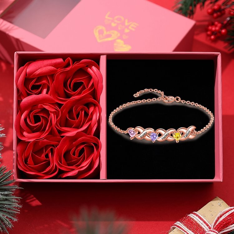 Braccialetto personalizzato con 3 nomi e 3 cuore pietre di nascita regalo per donna