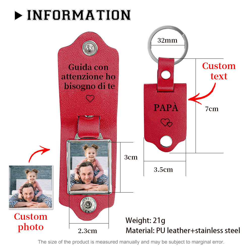 Guida con attenzione-Portachiavi Pelle 1 foto e 1 testo personalizzabili per Papà