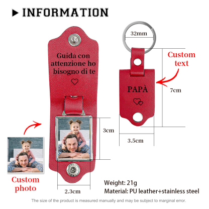 Guida con attenzione-Portachiavi Pelle 1 foto e 1 testo personalizzabili per Papà