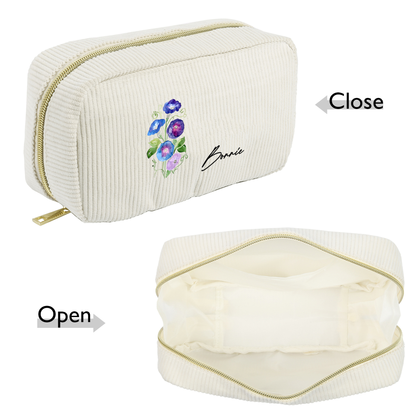 Borsa portabile per cosmetici in velluto a coste 1 nome e 1 fiore di nascita personalizzato multicolori da scegliere