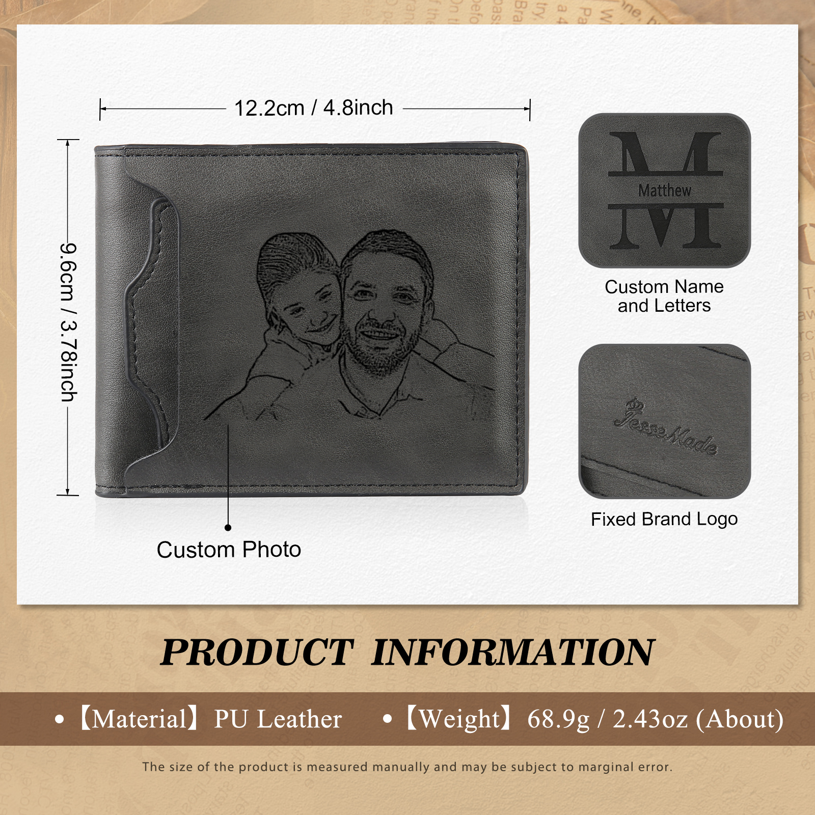 Personalized Leather Wallet Gift Box Set with Keychain Customizable Photo,Text ,Name and Letter Wallet Gift for Him