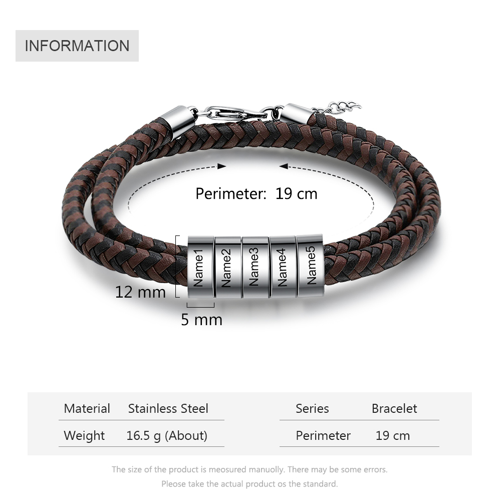 Bracciale in Pelle Intrecciata Personalizzato – Incisione 5 Nomi – Regalo Speciale per Papà/Lui | Jessemade