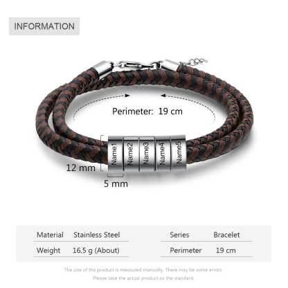 Bracciale in Pelle Intrecciata Personalizzato – Incisione 5 Nomi – Regalo Speciale per Papà/Lui | Jessemade