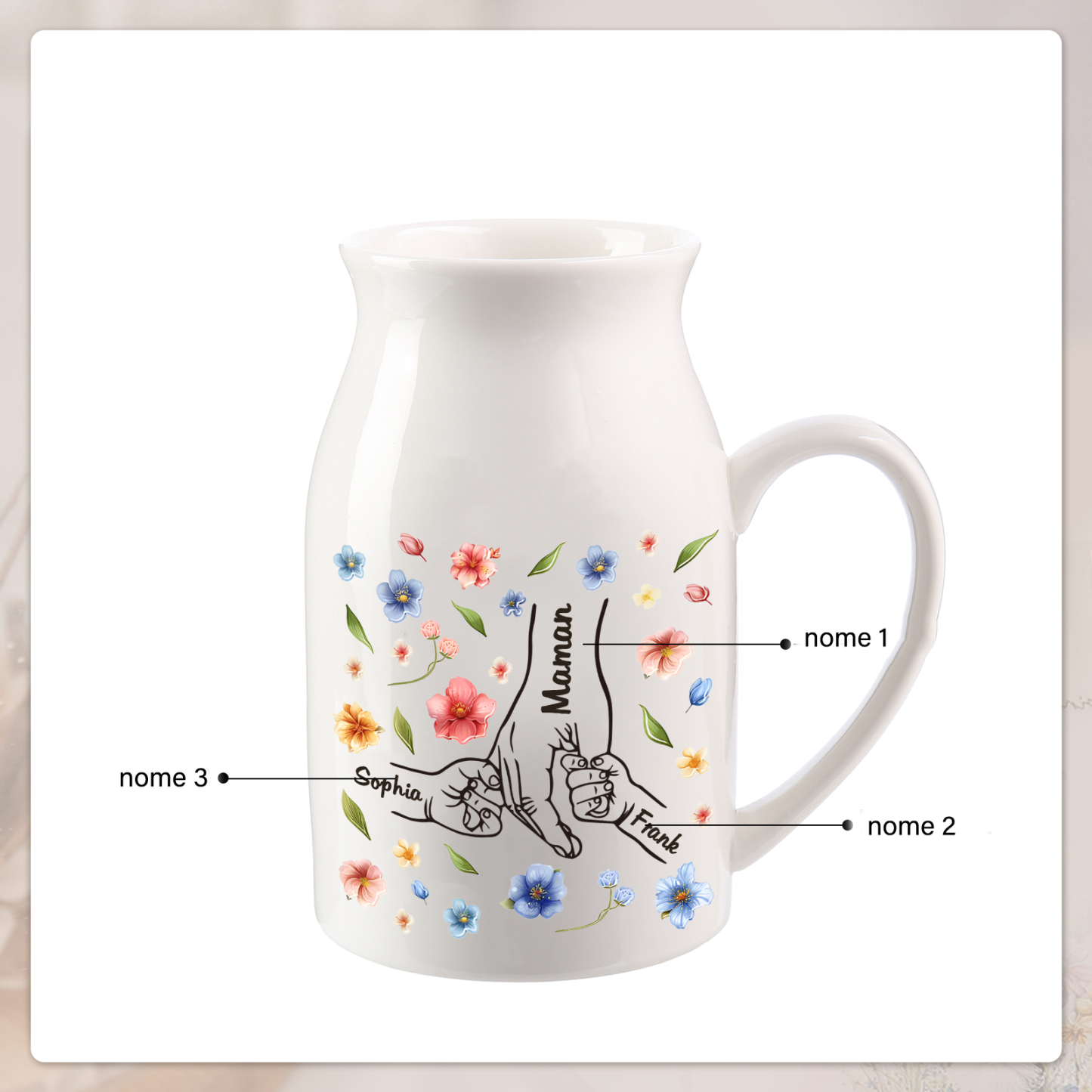 Vaso di ceramica con mano nella mano 3 nomi personalizzati per nonna/mamma