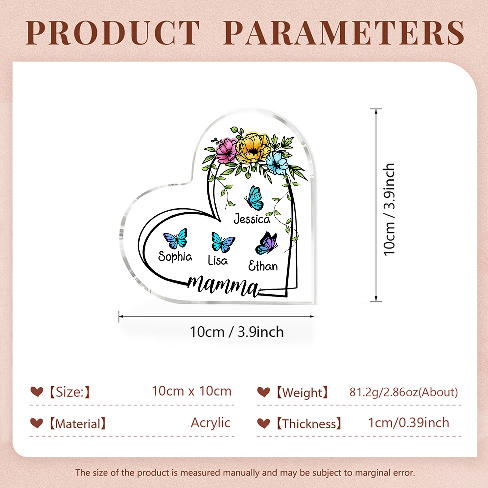 Decorazione Acrilica a Forma di Cuore Personalizzata con Farfalla – 4 Nomi e Testo per Nonna o Mamma | Jessemade