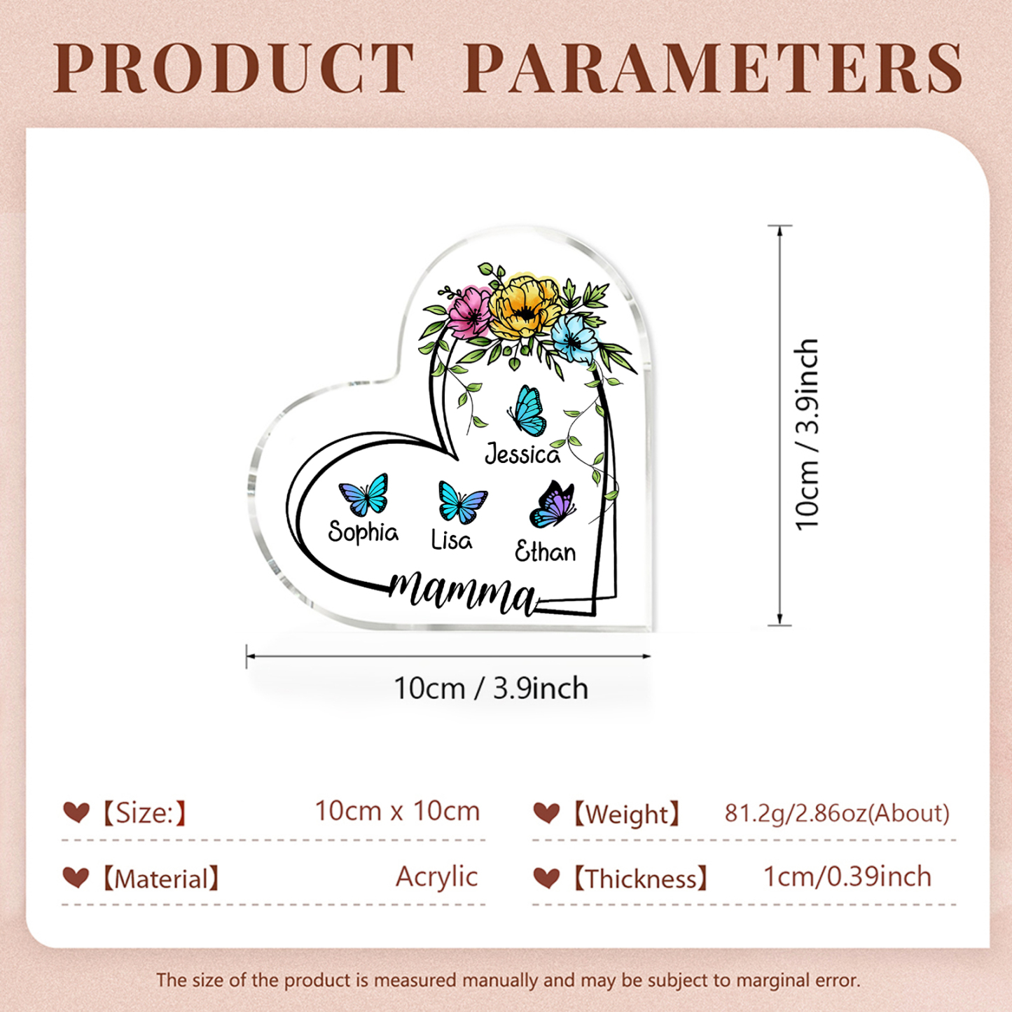 Decorazione Acrilica a Forma di Cuore Personalizzata con Farfalla – 4 Nomi e Testo per Nonna o Mamma | Jessemade