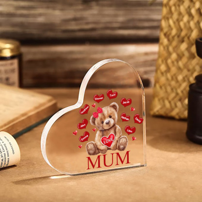 MAMMA Decorazione acrilica con orsacchiotto a forma di cuore 9 nomi e 2 testi personalizzati per mamma/nonna