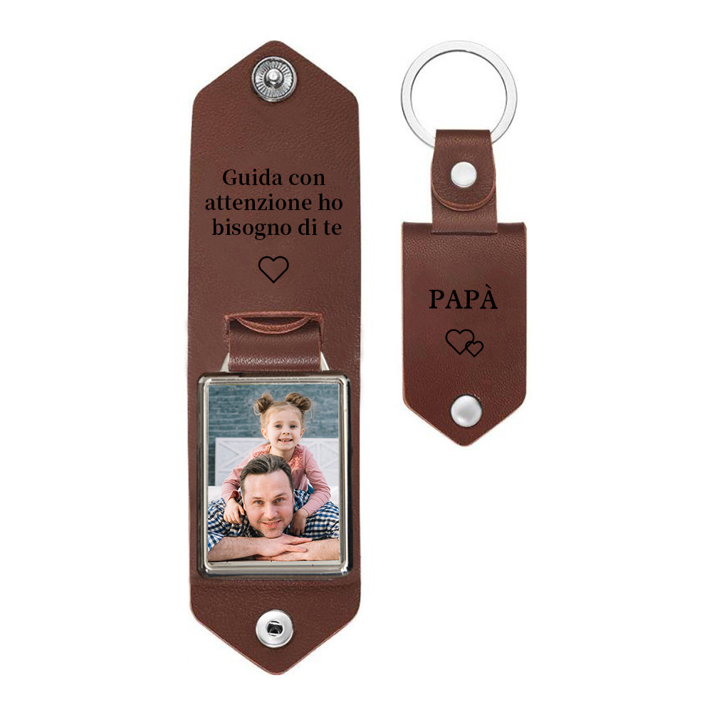 Jessemade IT Guida con attenzione-Portachiavi Pelle 1 foto e 1 testo personalizzabili per Papà