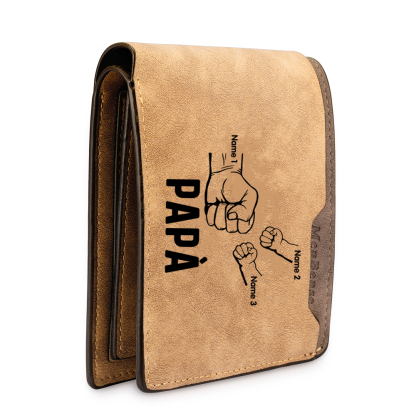 Portafoglio Pelle PU pelle pugno mano regalo per papà personalizzato 3 nomi 1 testo e 1 foto