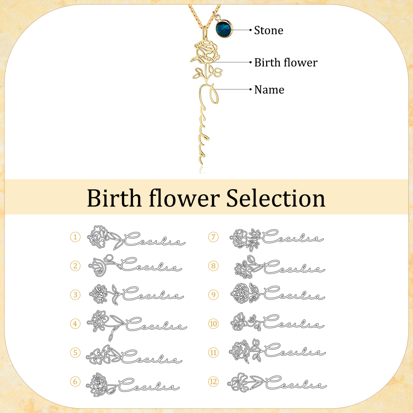 Collana 925 Argento Fiore elegante con 1 pietra di nascita e 1 nome e 1 fiore di nascita personalizzabili per donna