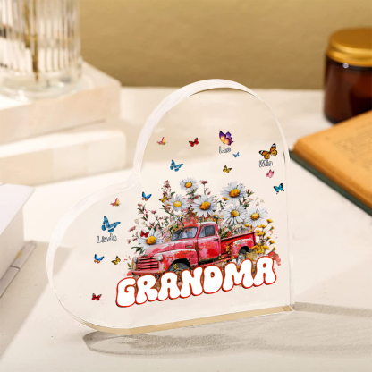 Test-Mamma-Decorazione acrilica con fiori e macchina 3 nomi e 1 testo personalizzati per mamma/nonna