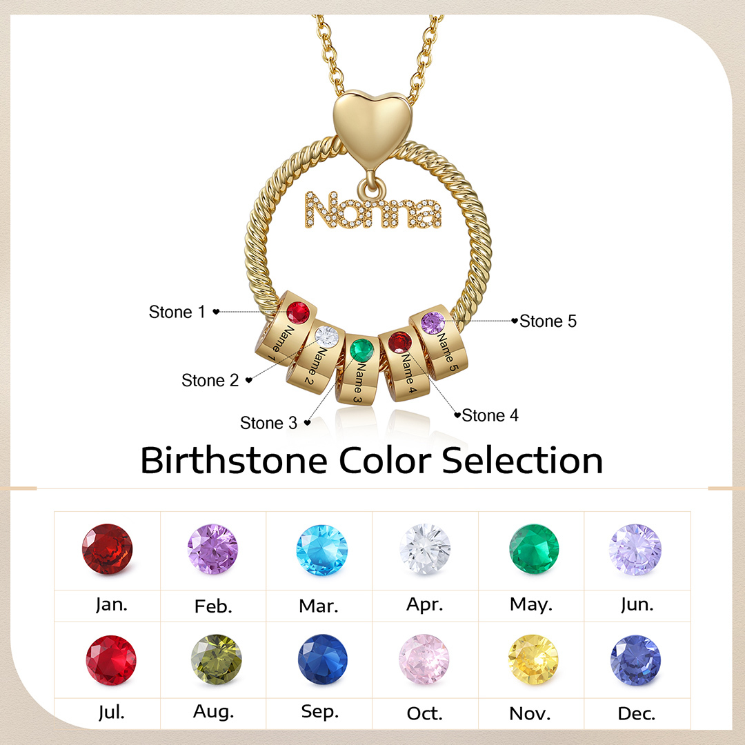 Collana con ciondolo nonna 5 nomi incisioni e pietre di nascita personalizzate
