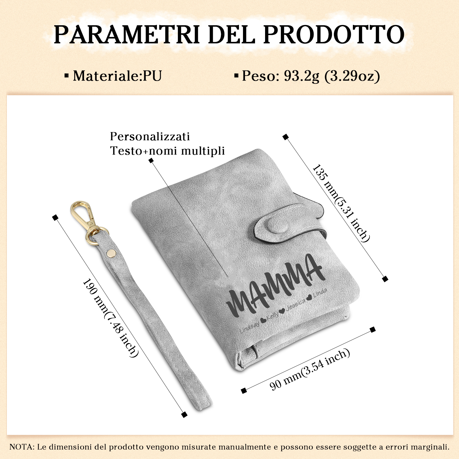 Portafoglio in PU pelle con 5 nomi & 2 testi & 1 foto personalizzati per mamma