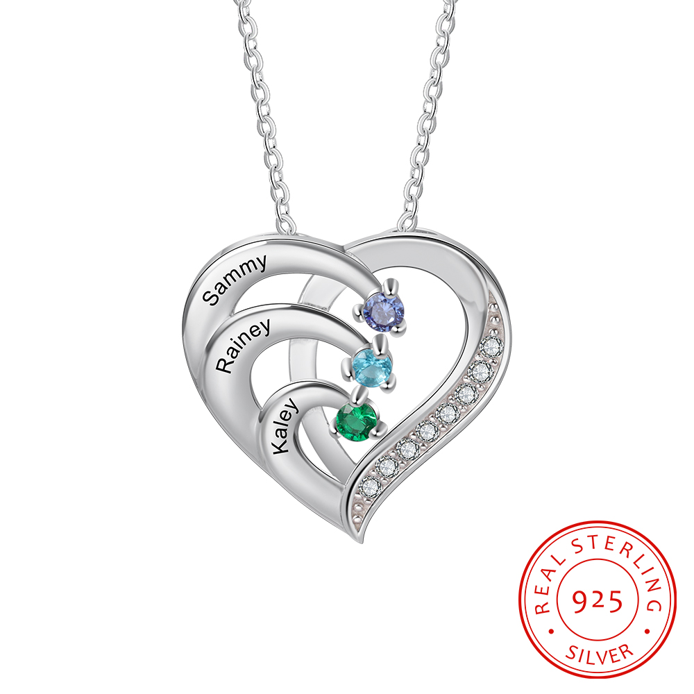 Argento S925 Collana con 3 nomi personalizzati e 3 pietre di nascita in ciondolo a cuore