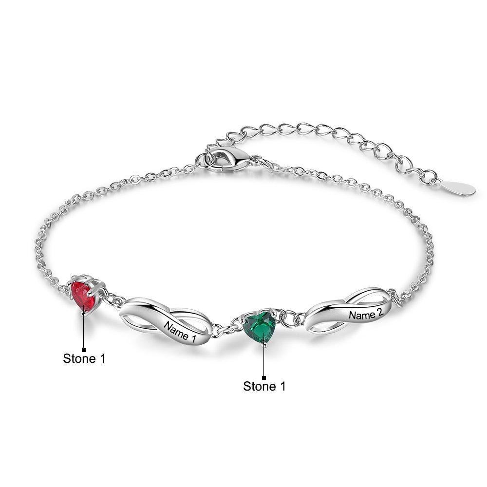 Braccialetto infinito con 2 pietre di nascita a forma di cuore e 2 nomi personalizzati
