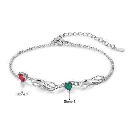 Braccialetto infinito con 2 pietre di nascita a forma di cuore e 2 nomi personalizzati