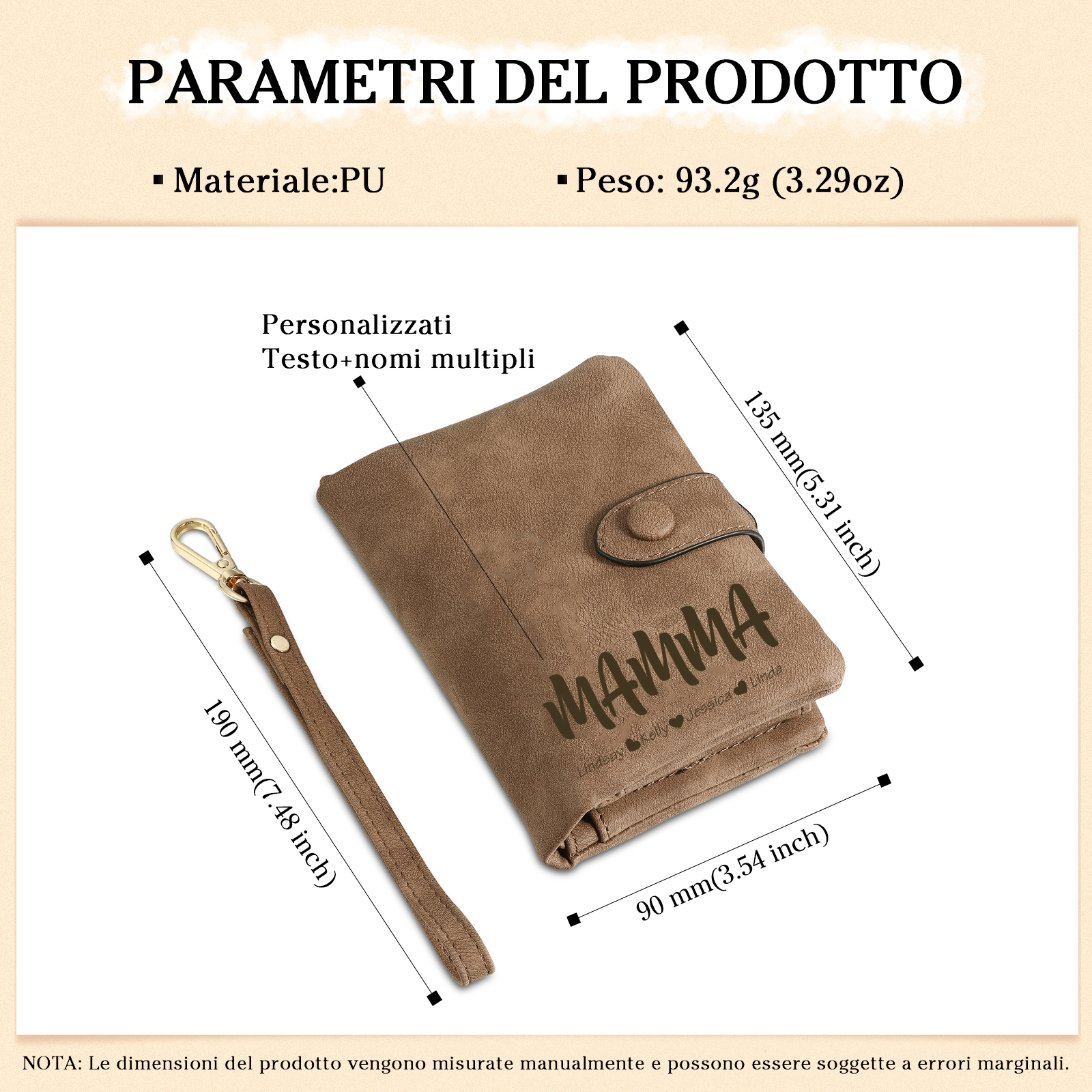 Portafoglio in PU pelle con 5 nomi & 2 testi & 1 foto personalizzati per mamma