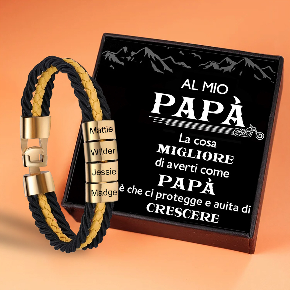 Bracciale Uomo Personalizzato in Pelle – Incisione 4 Nomi – Regalo Elegante per Papà o Lui | Jessemade
