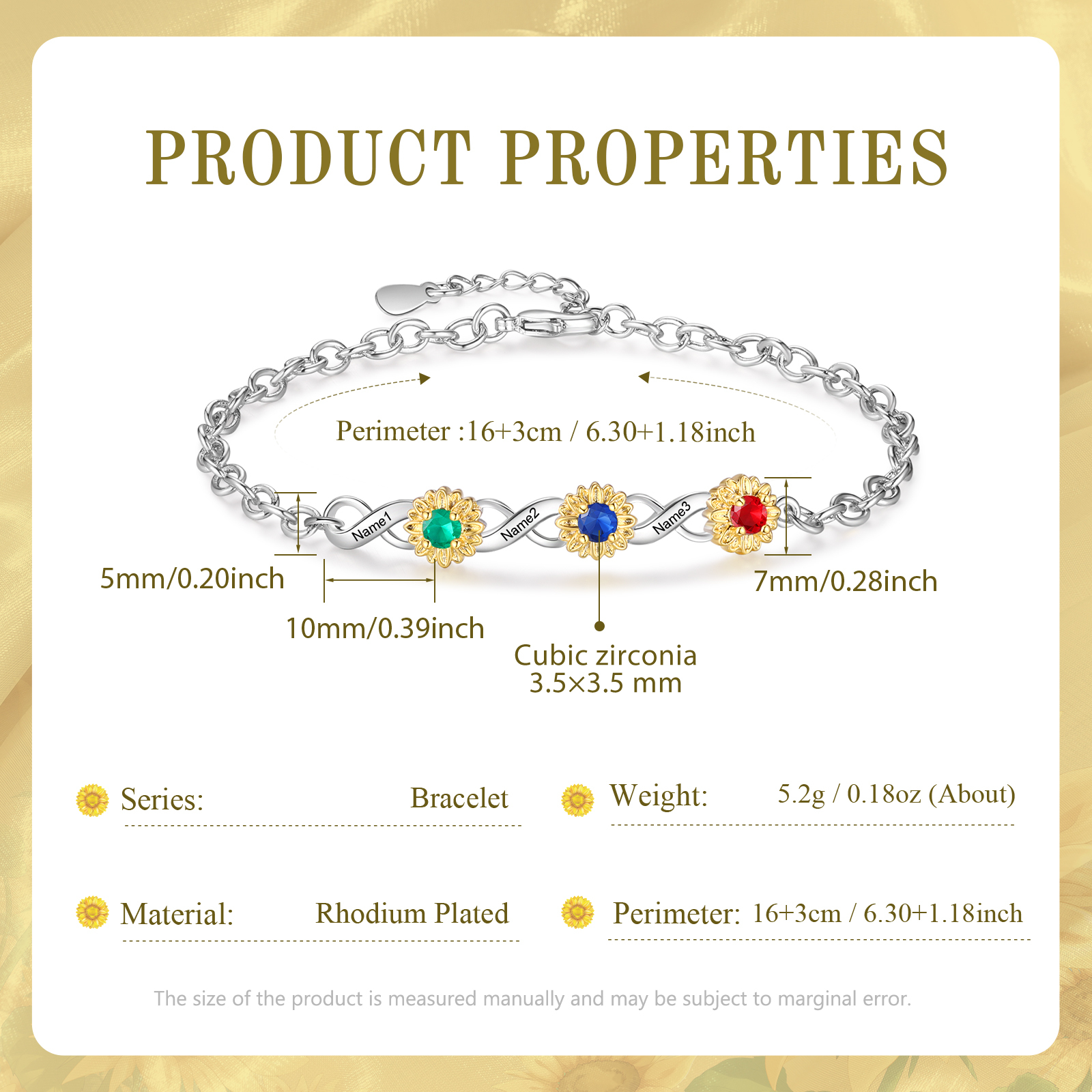 Braccialetto infinito con girasole personalizzato con 3 nomi e 3 pietre di nascita per donna