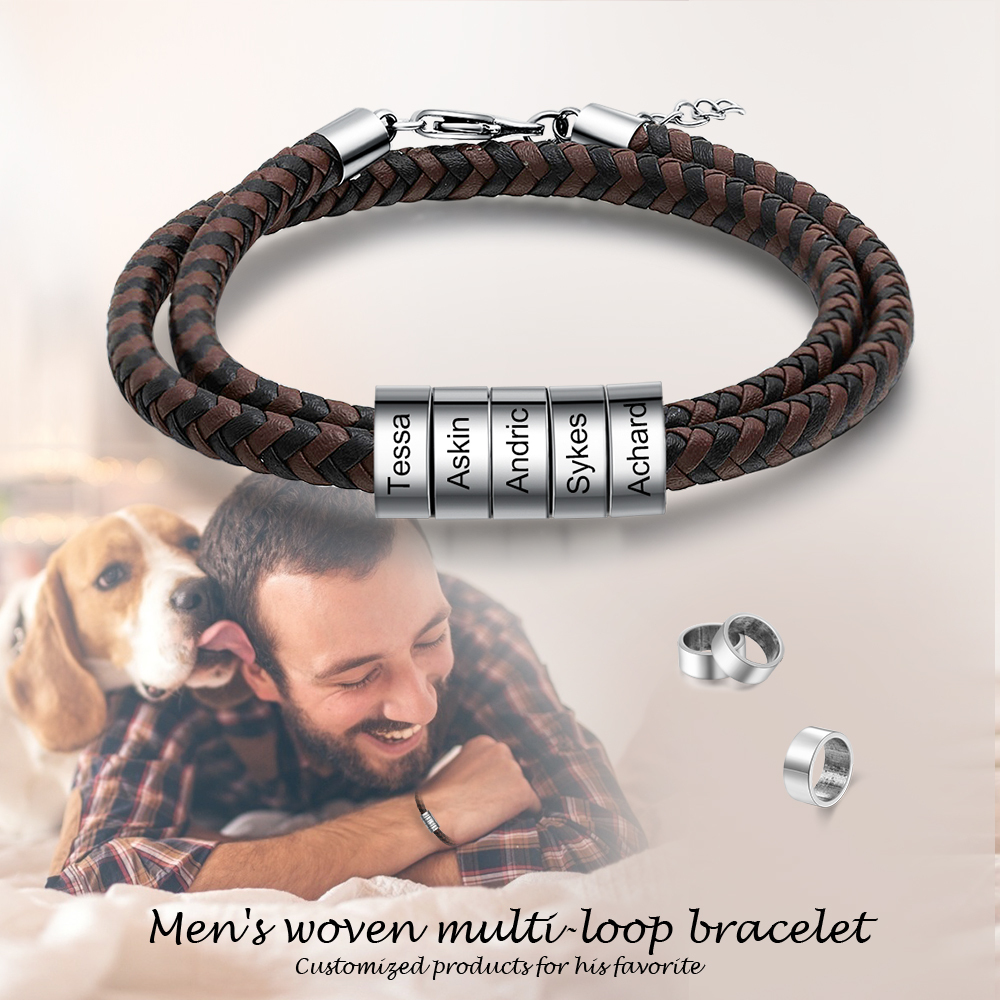 Bracciale in Pelle Intrecciata Personalizzato – Incisione 5 Nomi – Regalo Speciale per Papà/Lui | Jessemade
