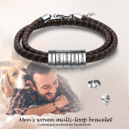 Bracciale in Pelle Intrecciata Personalizzato – Incisione 5 Nomi – Regalo Speciale per Papà/Lui | Jessemade