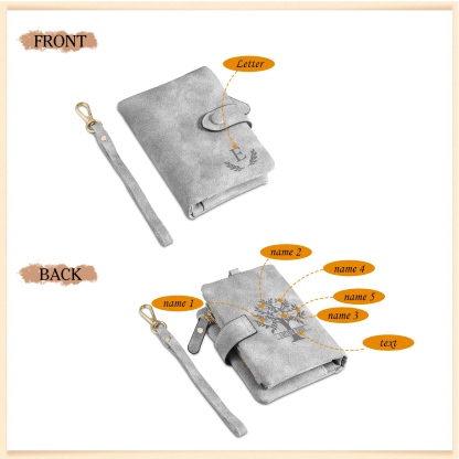 Portafoglio Albero della vita in PU pelle con 5 nomi & 1 testo & 1 lettera personalizzati per donna