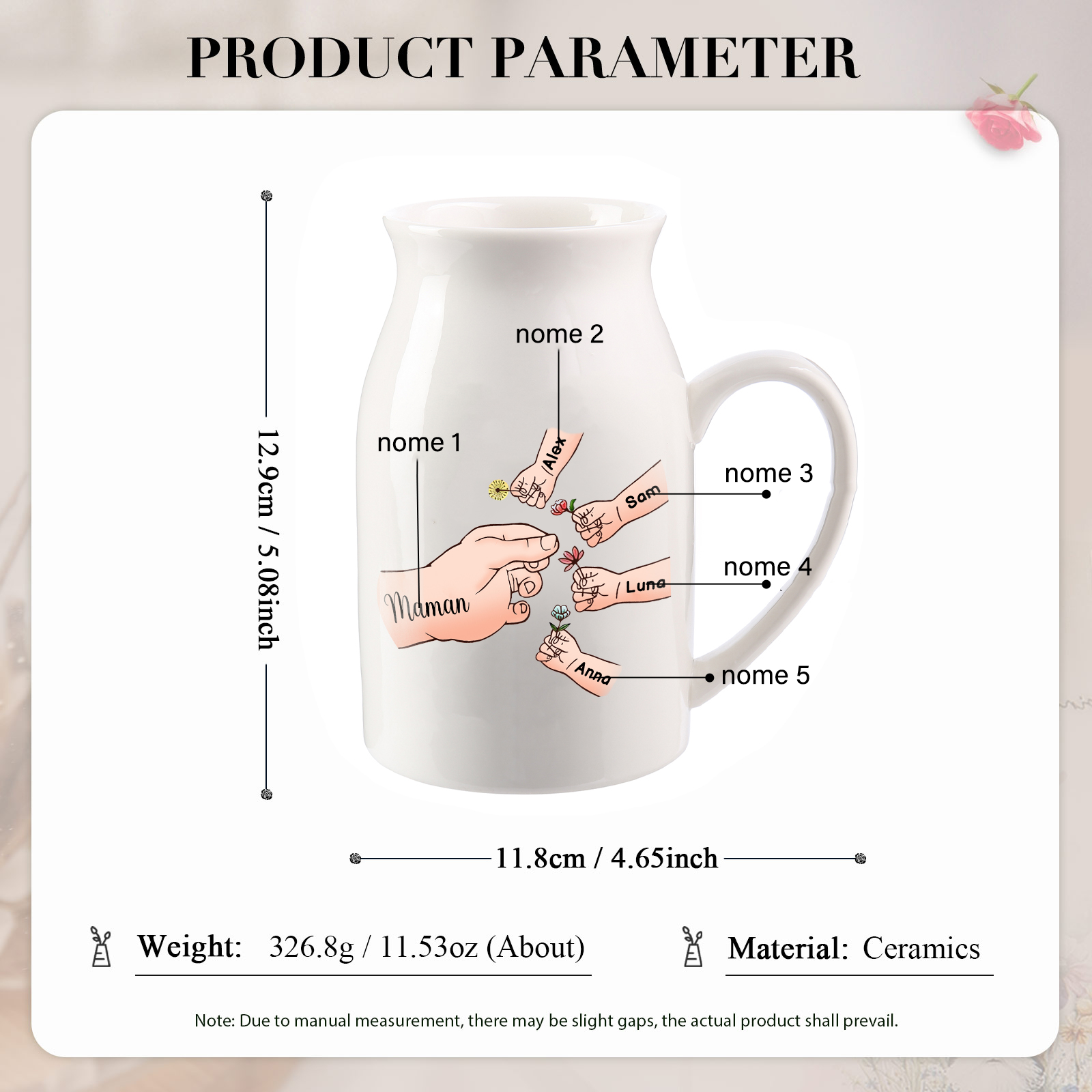 Vaso di ceramica con mano passando il fiore 5 nomi personalizzati per nonna/mamma