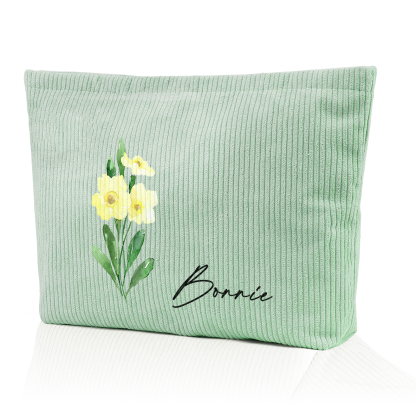 Borsa portabile per cosmetici in velluto a coste per donna 1 nome e 1 fiore di nascita personalizzato multicolori da scegliere