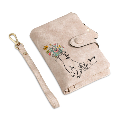 Jessemade IT Portafoglio in PU pelle fiore mano con 2 nomi personalizzati per mamma/nonna