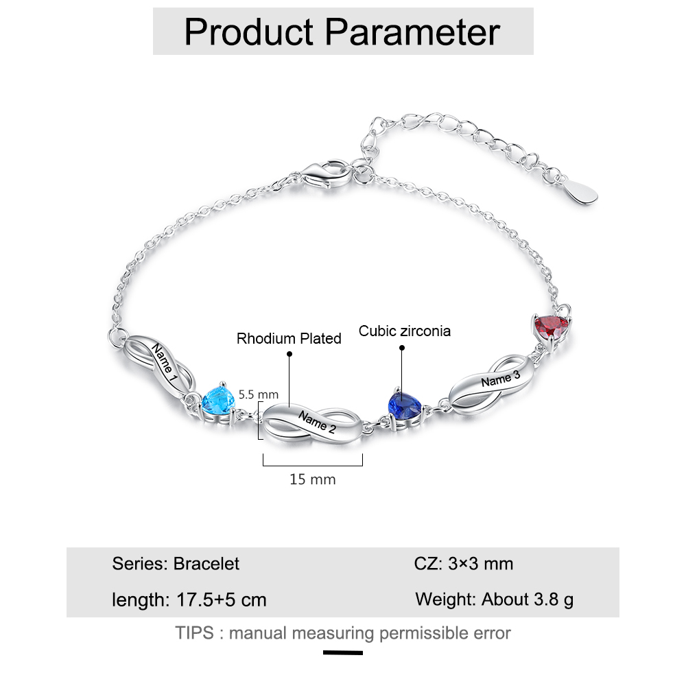 Braccialetto infinito con 3 pietre di nascita a forma di cuore e 3 nomi personalizzati