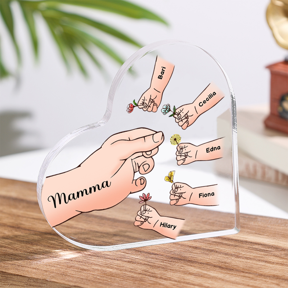 Targa acrilica personalizzata a forma di cuore "Mani" - con 1-8 nomi e fiori - Regalo per la mamma