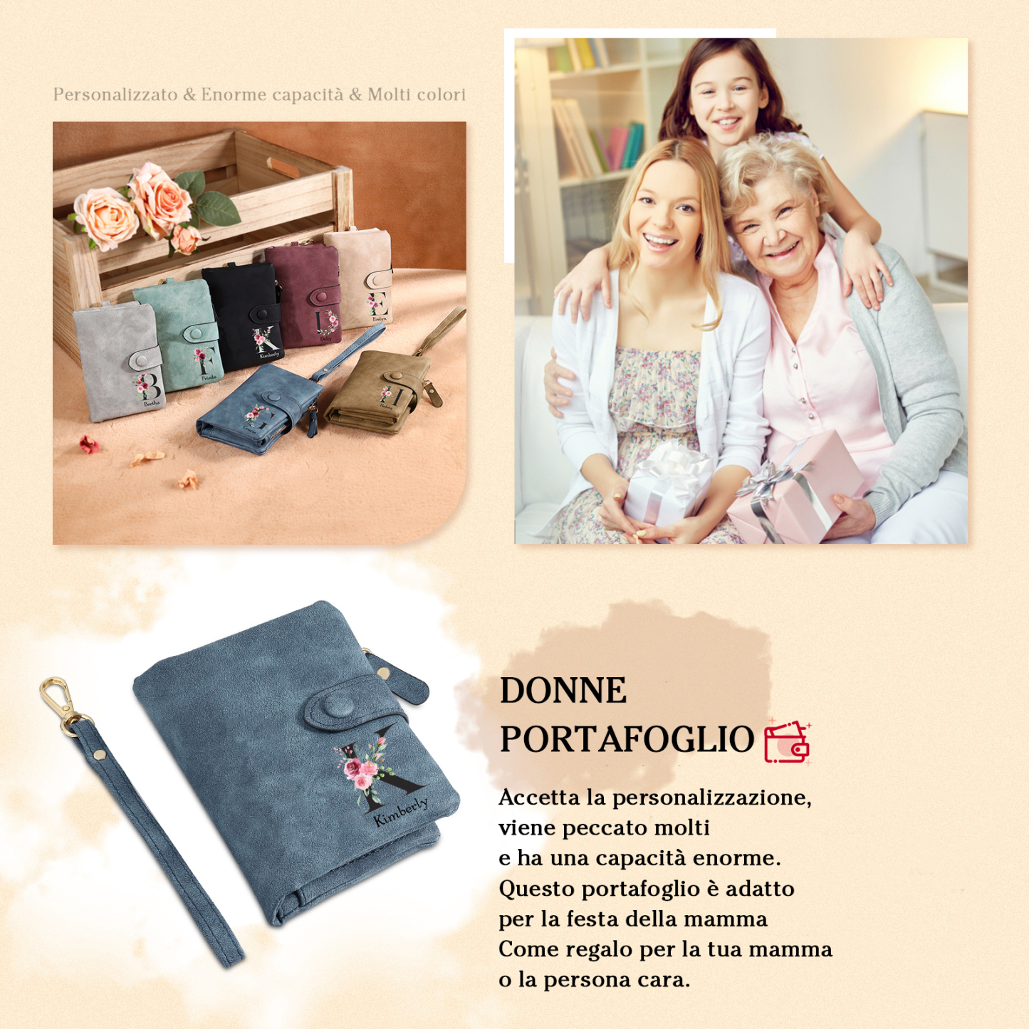 Portafoglio mano nella mano in PU pelle con 8 nomi & 1 testo & 1 lettera personalizzati per mamma
