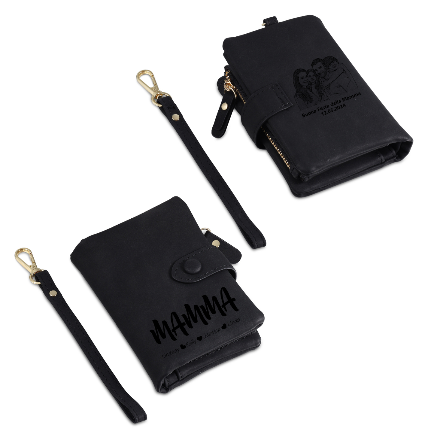 Portafoglio in PU pelle con 5 nomi & 2 testi & 1 foto personalizzati per mamma