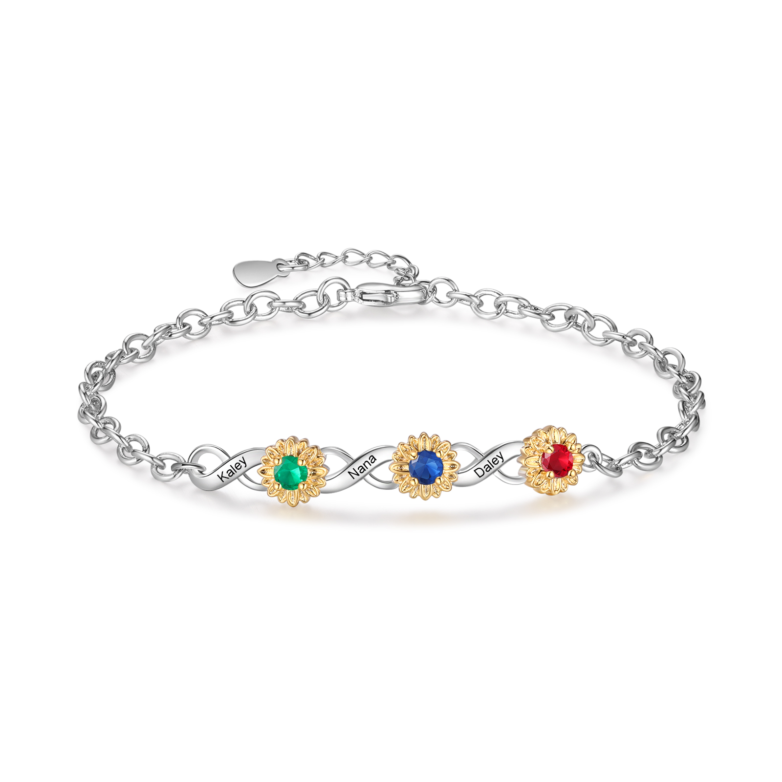 Braccialetto infinito con girasole personalizzato con 3 nomi e 3 pietre di nascita per donna