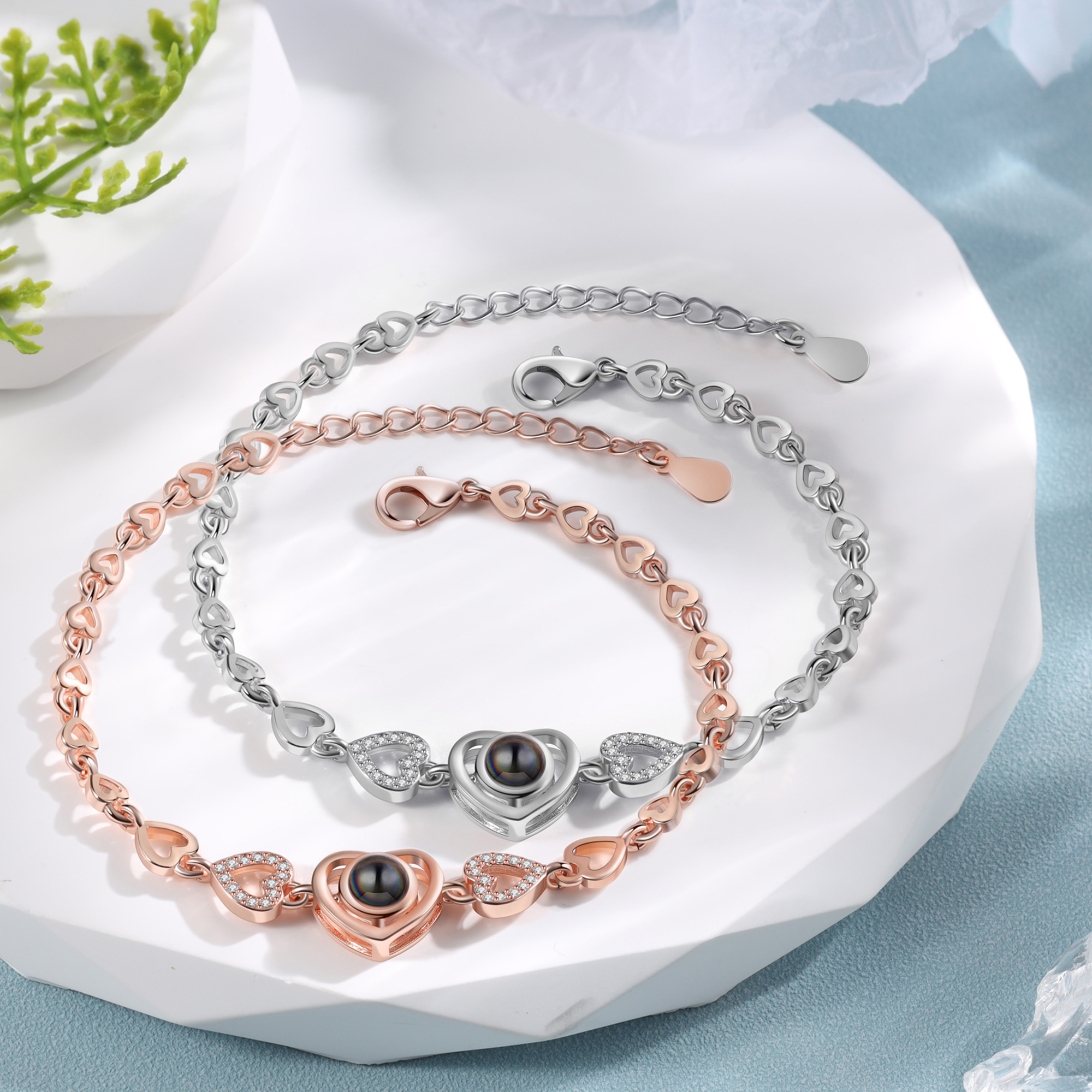 Bracciale argento con pietra cuore proiezione di foto colorato per coppia marito fidanzato