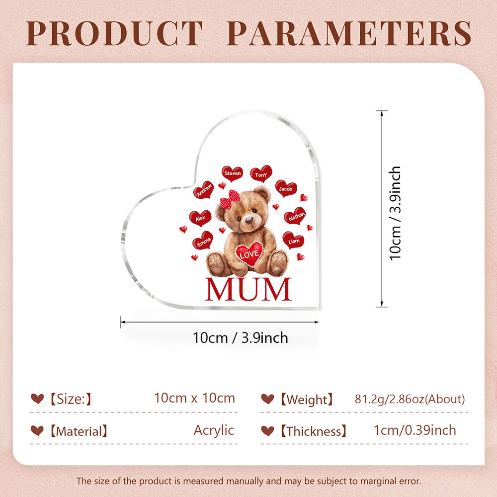 MAMMA Decorazione acrilica con orsacchiotto a forma di cuore 8 nomi e 2 testi personalizzati per mamma/nonna