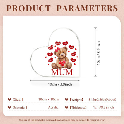 MAMMA Decorazione acrilica con orsacchiotto a forma di cuore 8 nomi e 2 testi personalizzati per mamma/nonna