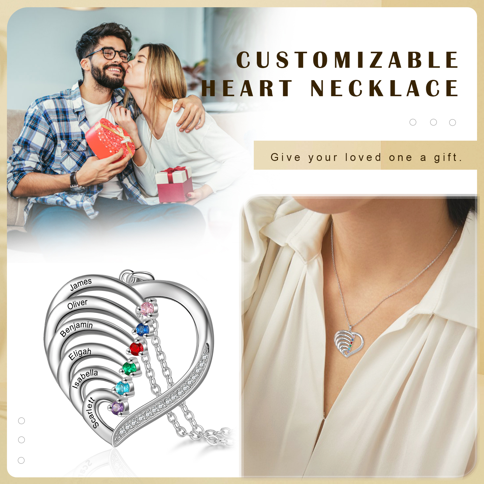 Argento S925 Collana con 6 nomi personalizzati e 6 pietre di nascita in ciondolo a cuore