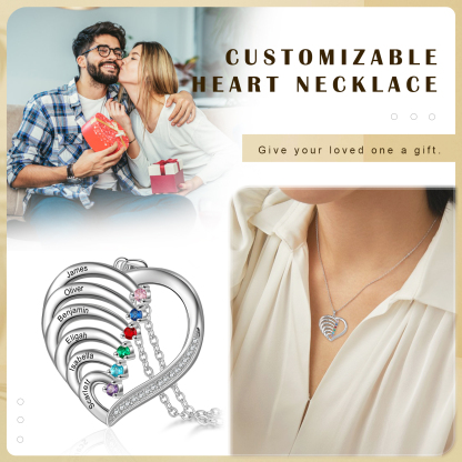Argento S925 Collana con 6 nomi personalizzati e 6 pietre di nascita in ciondolo a cuore