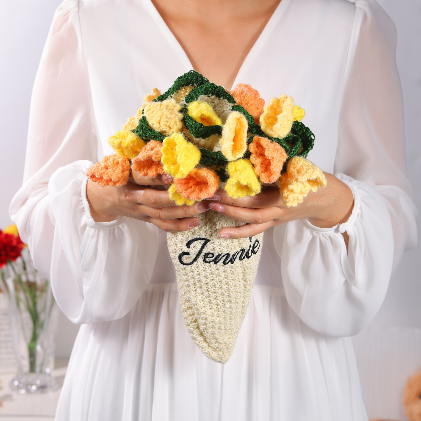 Coperta fatta a mano all'uncinetto con fiori personalizzati, nome personalizzato, regalo di compleanno per lei | Jessemade