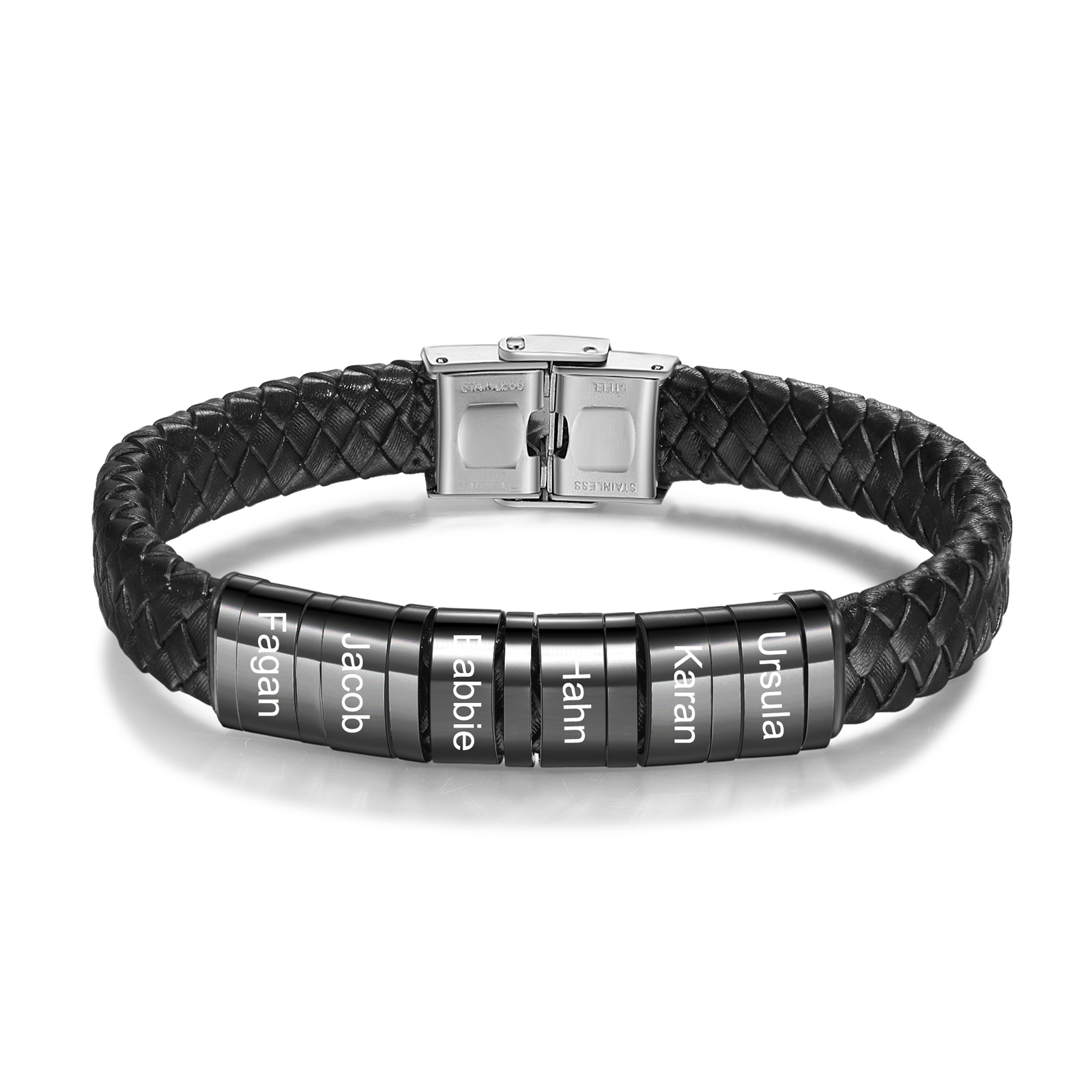 Bracciale Uomo in Pelle Nera Intrecciata – Incisione 6 Nomi Personalizzati – Idea Regalo Speciale per Papà e Lui | Jessemade
