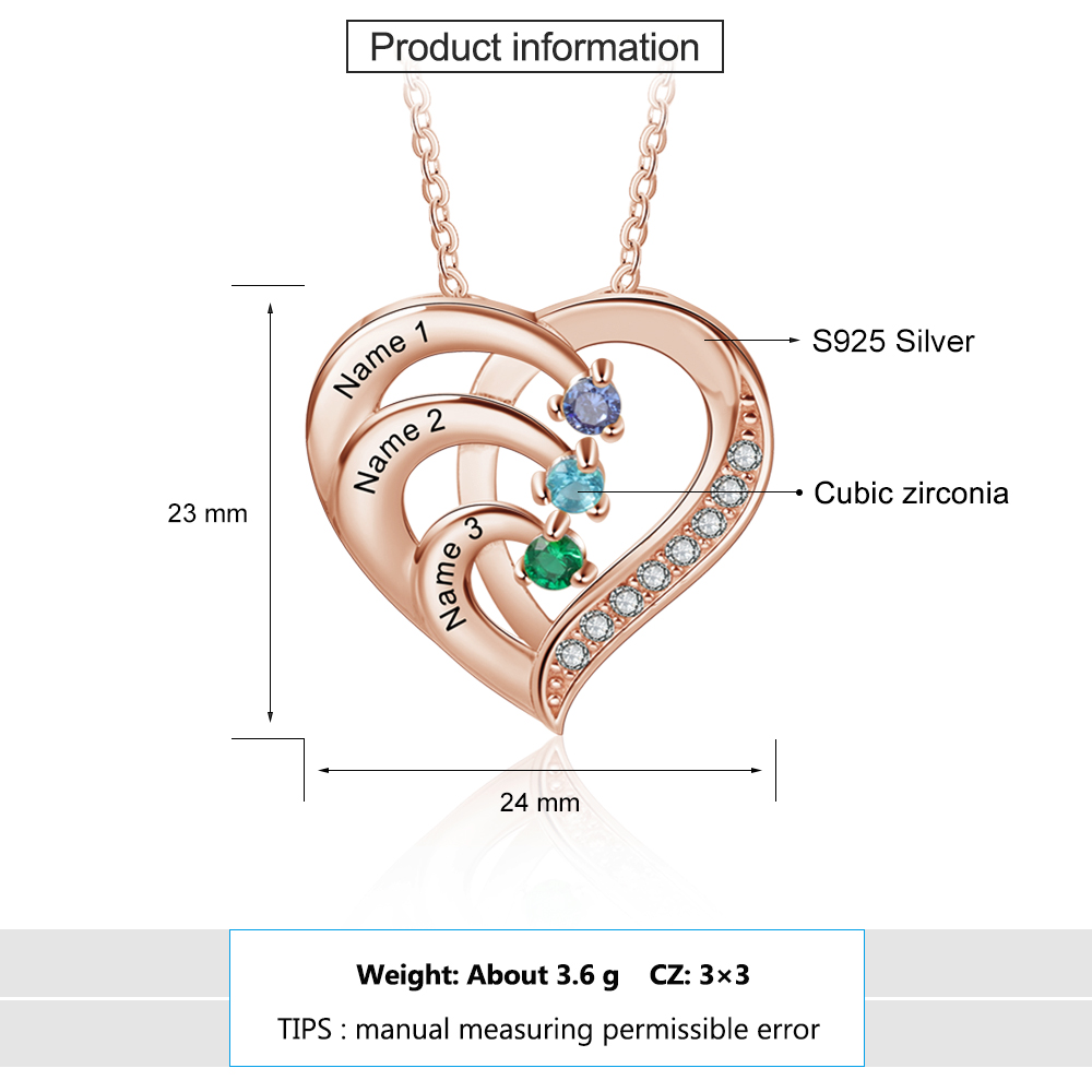Argento S925 Collana con 3 nomi personalizzati e 3 pietre di nascita in ciondolo a cuore