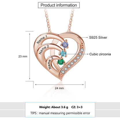 Argento S925 Collana con 3 nomi personalizzati e 3 pietre di nascita in ciondolo a cuore