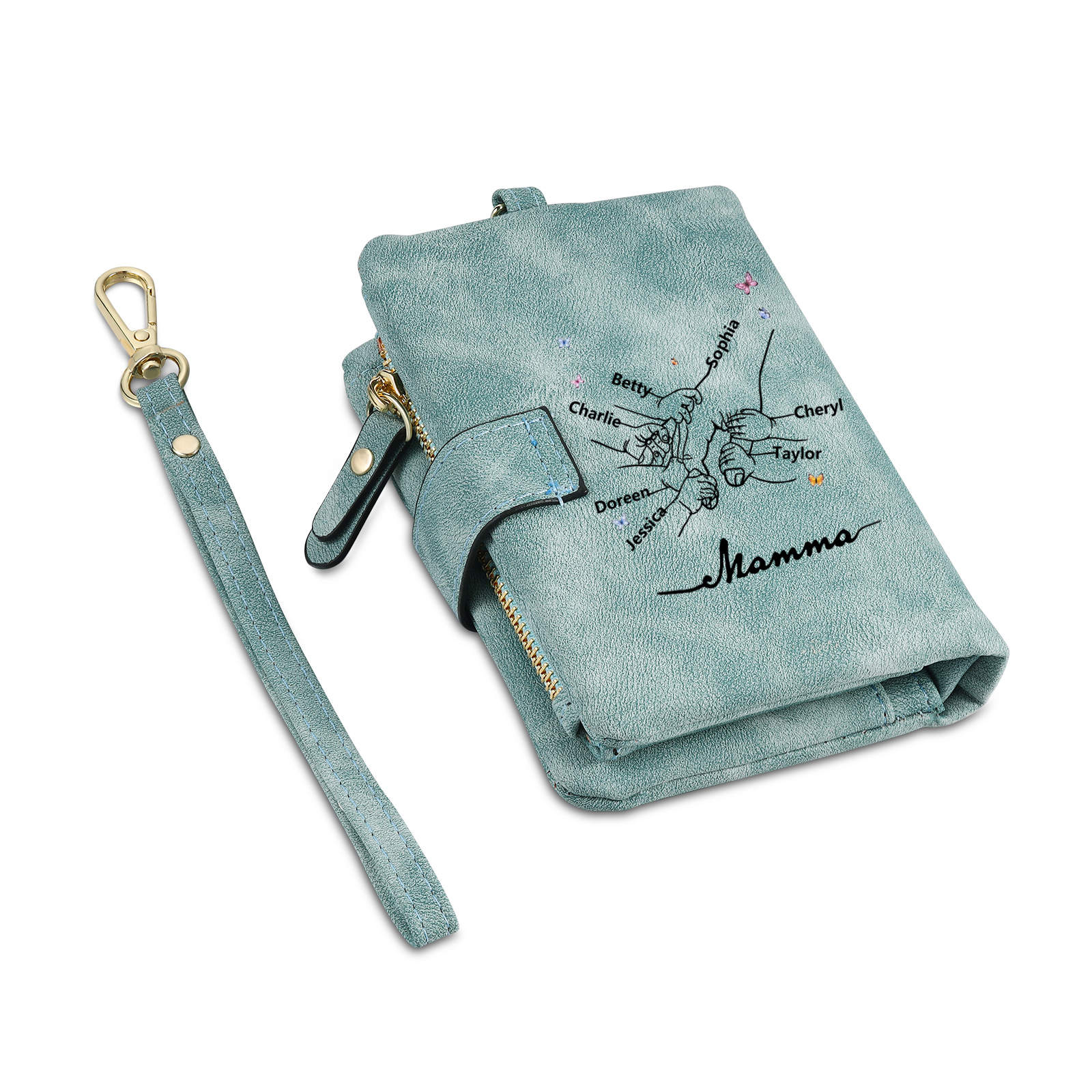 Portafoglio mano nella mano in PU pelle con 5 nomi & 1 testo & 1 lettera personalizzati per mamma