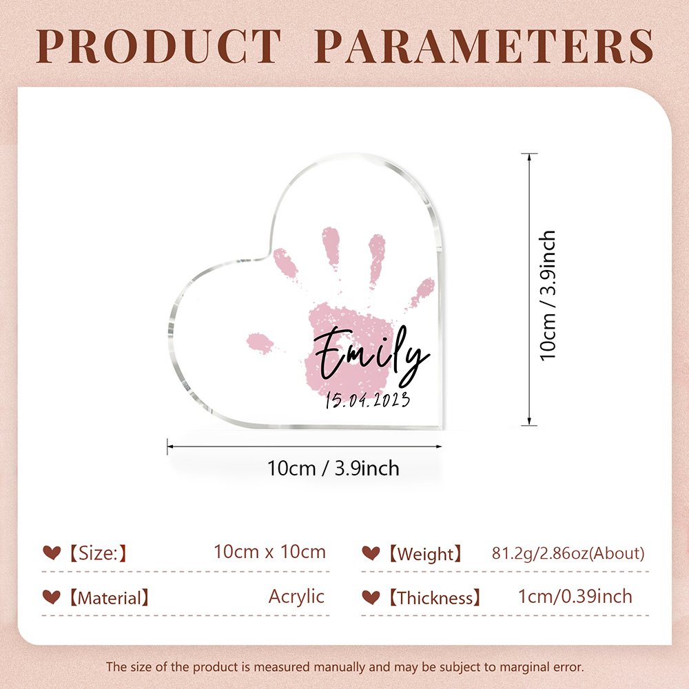Decorazione acrilica impronta di mano a forma di cuore 1 nome e 1 data personalizzati