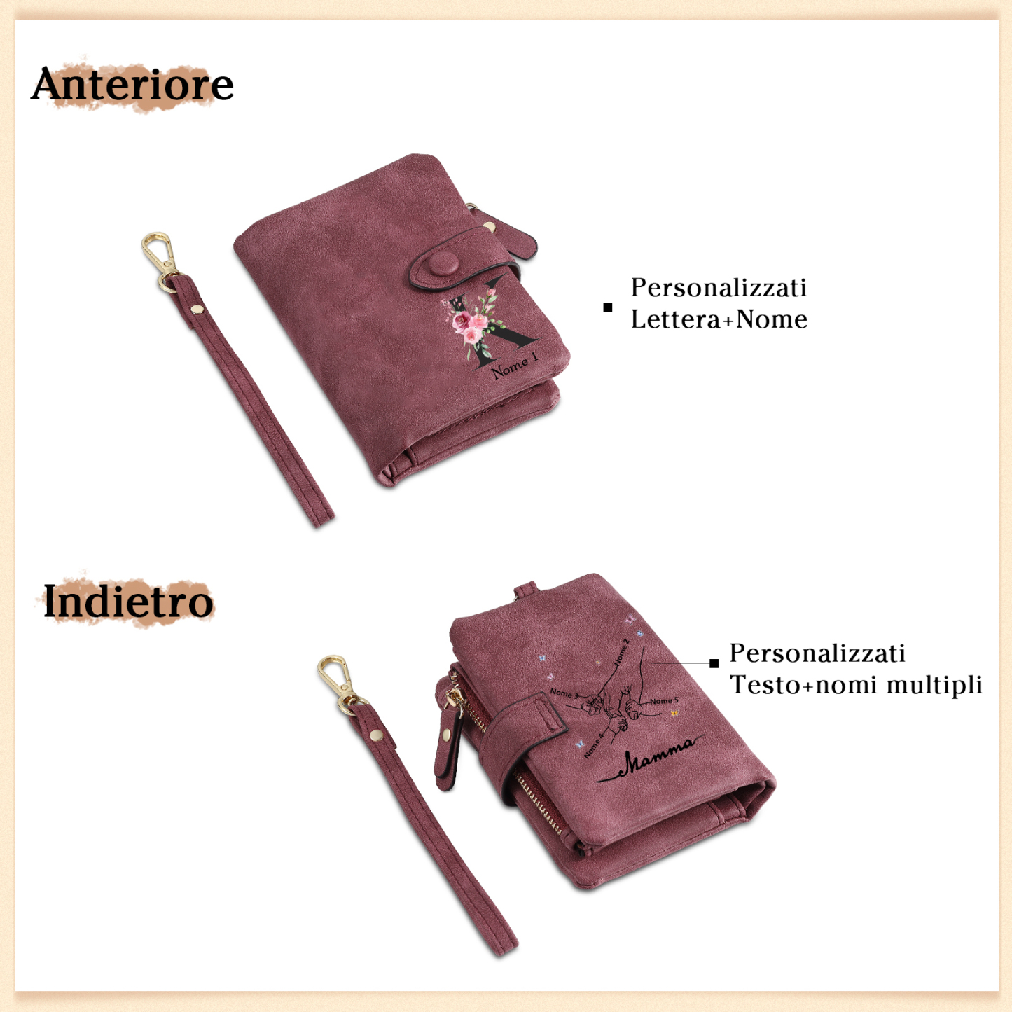 Portafoglio mano nella mano in PU pelle con 5 nomi & 1 testo & 1 lettera personalizzati per mamma